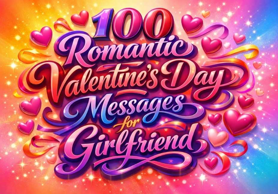 3D vibrant calligraphy design with gradient dark and bright background featuring the title "100 Romantic Valentine's Day Messages for Girlfriend" decorated with pink hearts and glowing sparkles in 16:9 ratio.
