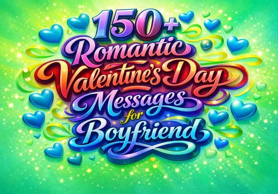 Colorful 3D Valentine’s Day messages for boyfriend design on bright green background with gradient calligraphy text and hearts.