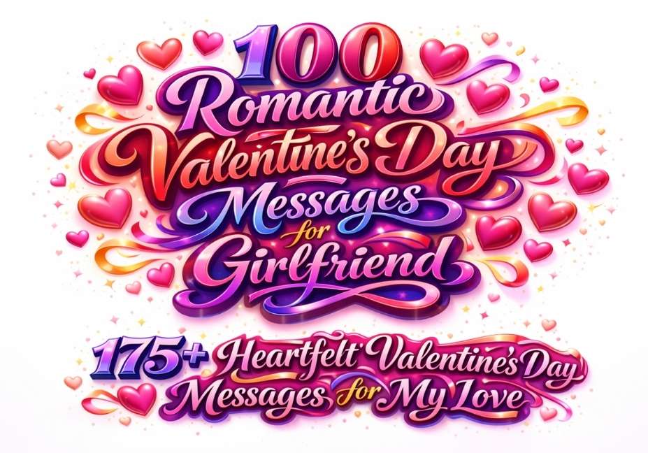 Colorful 3D calligraphy Valentine’s Day messages design on white background with gradient text and romantic heart decorations.