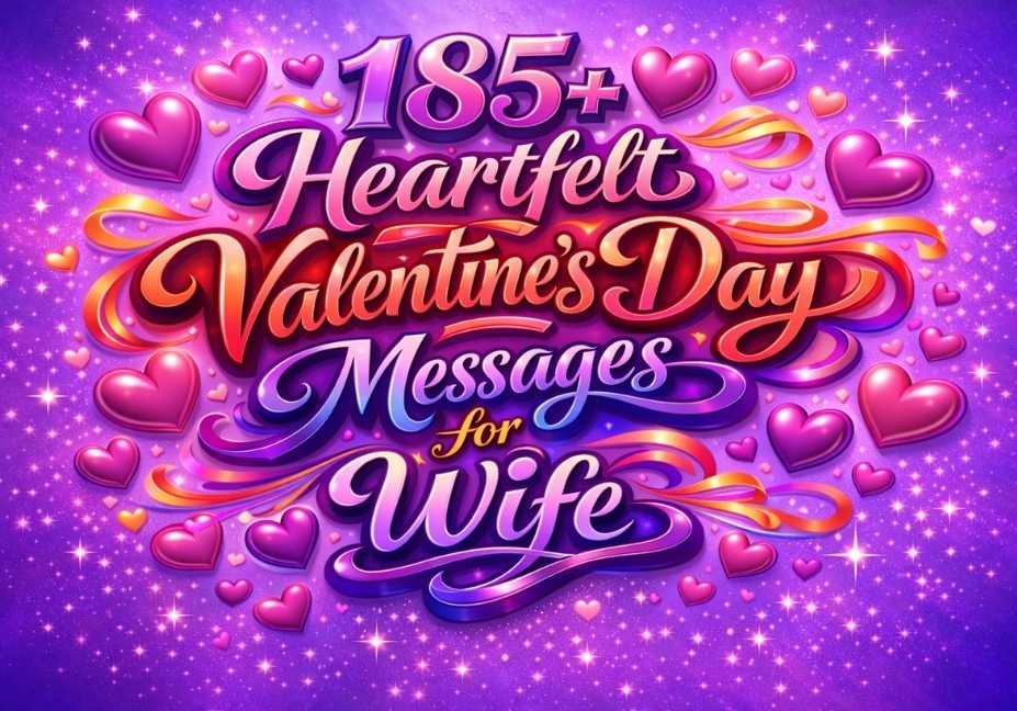 Colorful 3D Valentine’s Day messages for wife design on purple background with gradient calligraphy text and decorative hearts.