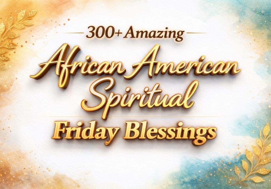 300+ Amazing African American Spiritual Friday Blessings in elegant 3D gold text on white background with decorative watercolor accents