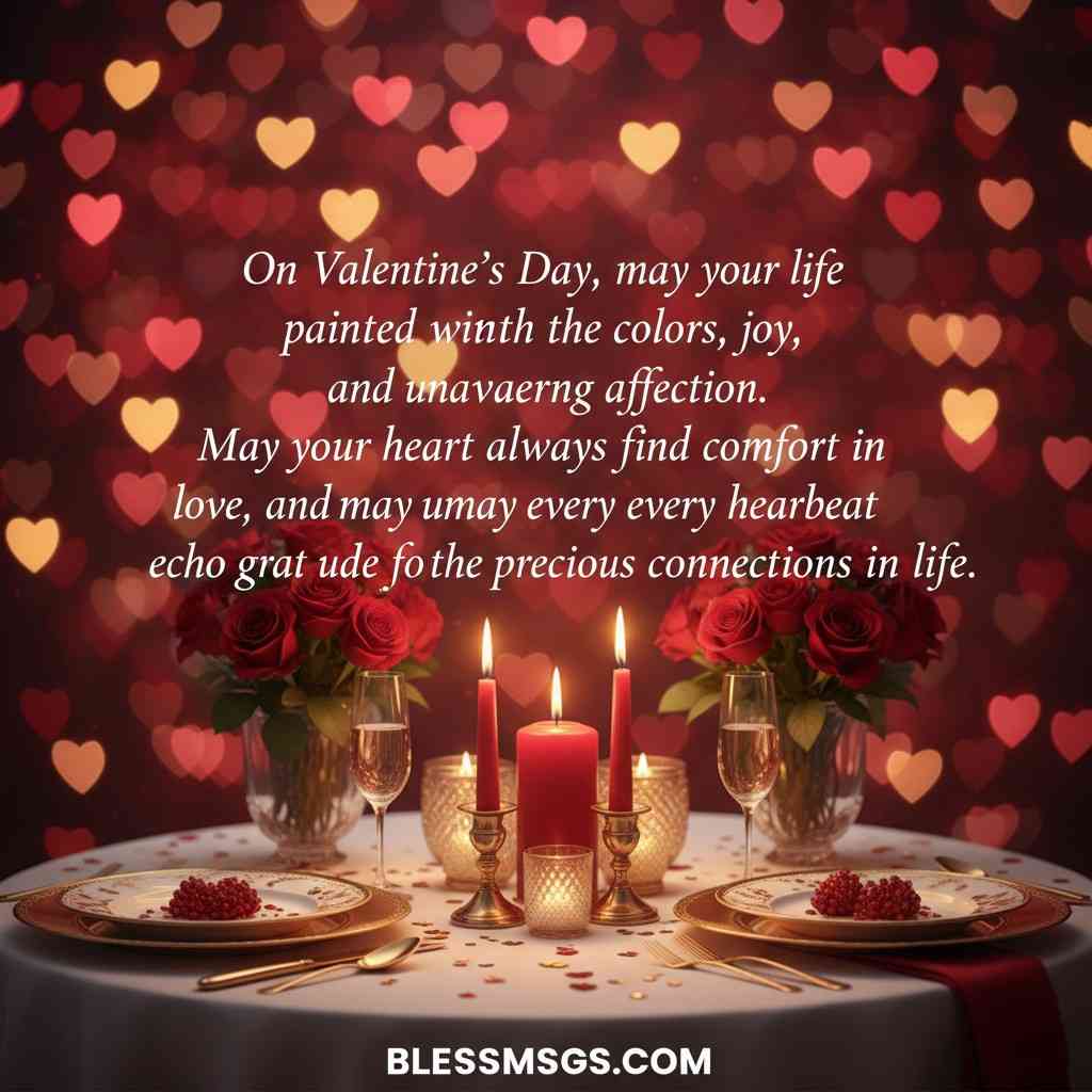 Romantic Valentine's Day dinner table with candles, roses, and heart bokeh lights