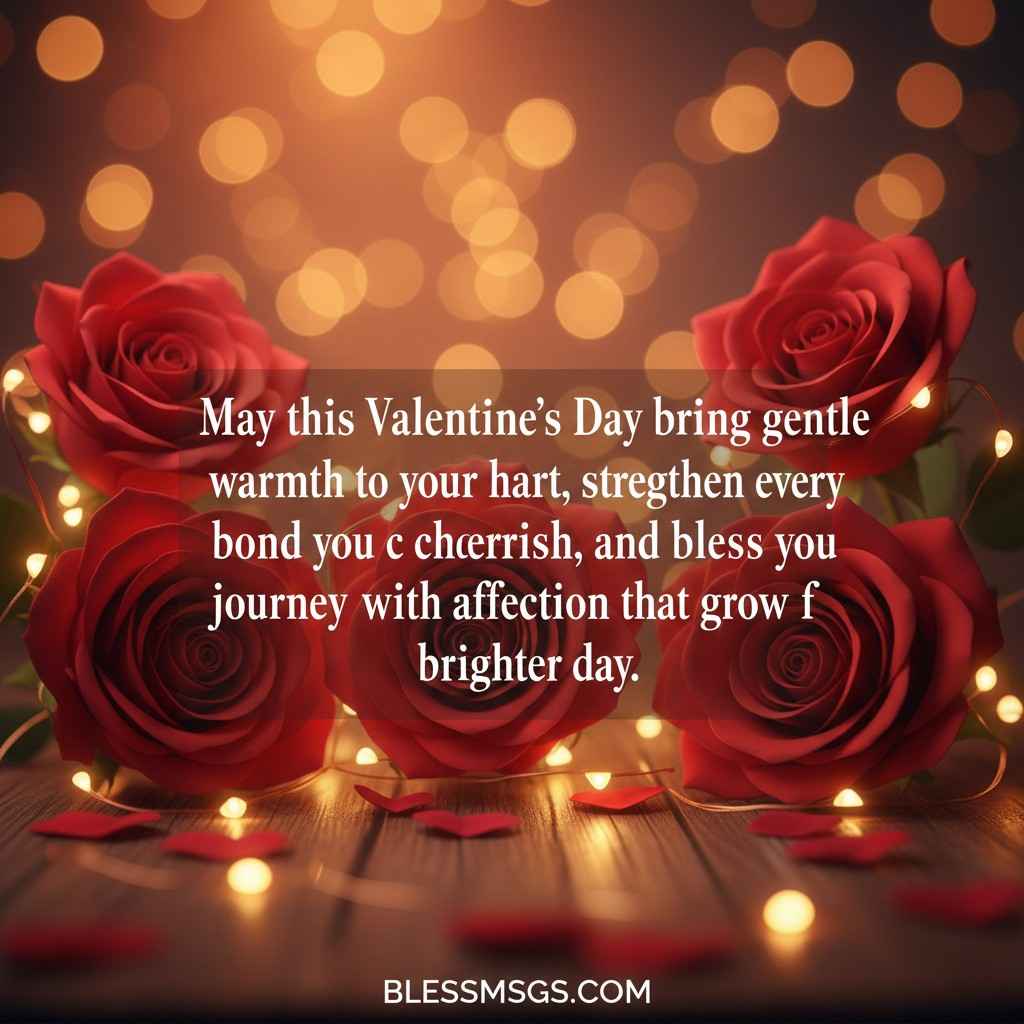 Red roses with bokeh lights and Valentine's Day message about warmth and affection