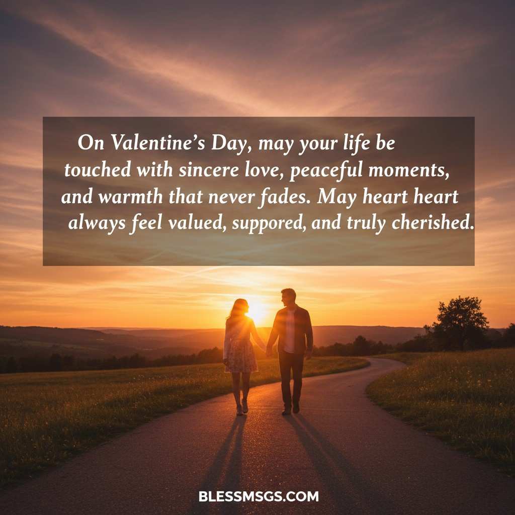 Couple walking at sunset with Valentine's Day blessing for sincere love