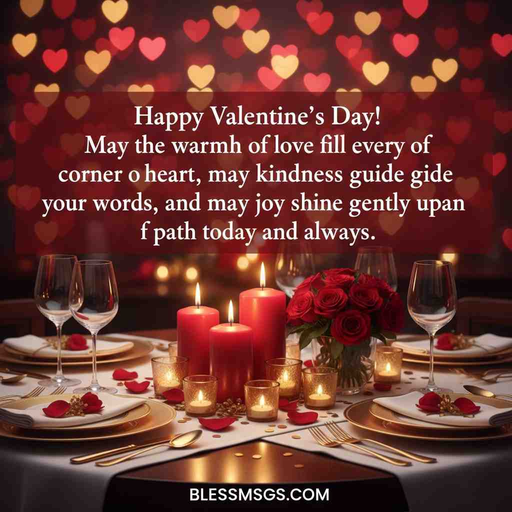 Romantic dinner table with candles and Valentine's Day wishes for love and kindness