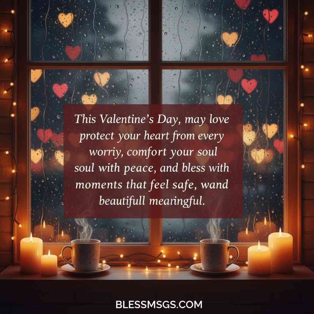 Window with heart decorations and Valentine's Day blessing for protection and peace