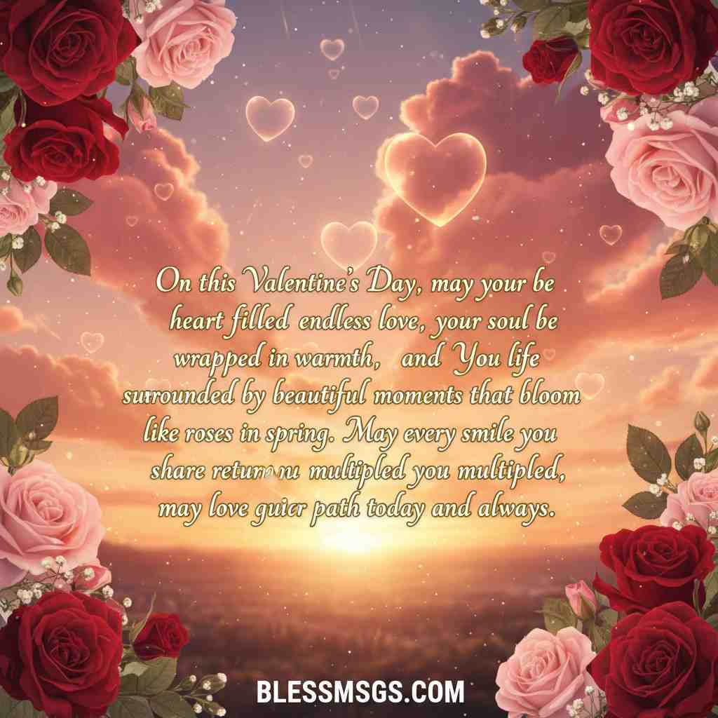 Valentine's Day blessing with roses and hearts wishing endless love and warmth
