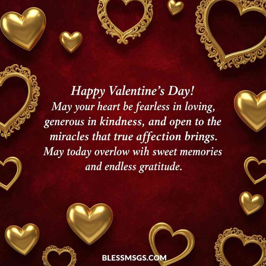 Golden hearts and ornate frames on red background with Valentine's Day blessing for fearless loving