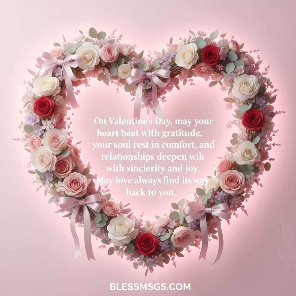 Floral heart wreath with Valentine's Day wish for gratitude and joy