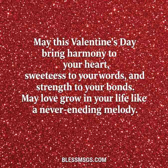 Red glitter background with Valentine's Day blessing for harmony and strength