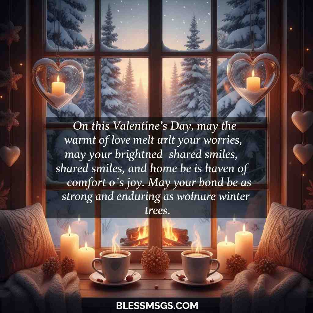 Winter window scene with candles and Valentine's Day wish for love and comfort