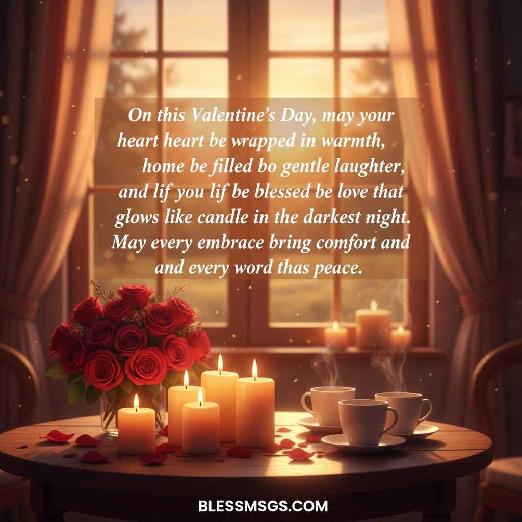 Candles and roses by window with Valentine's Day blessing for warmth and laughter