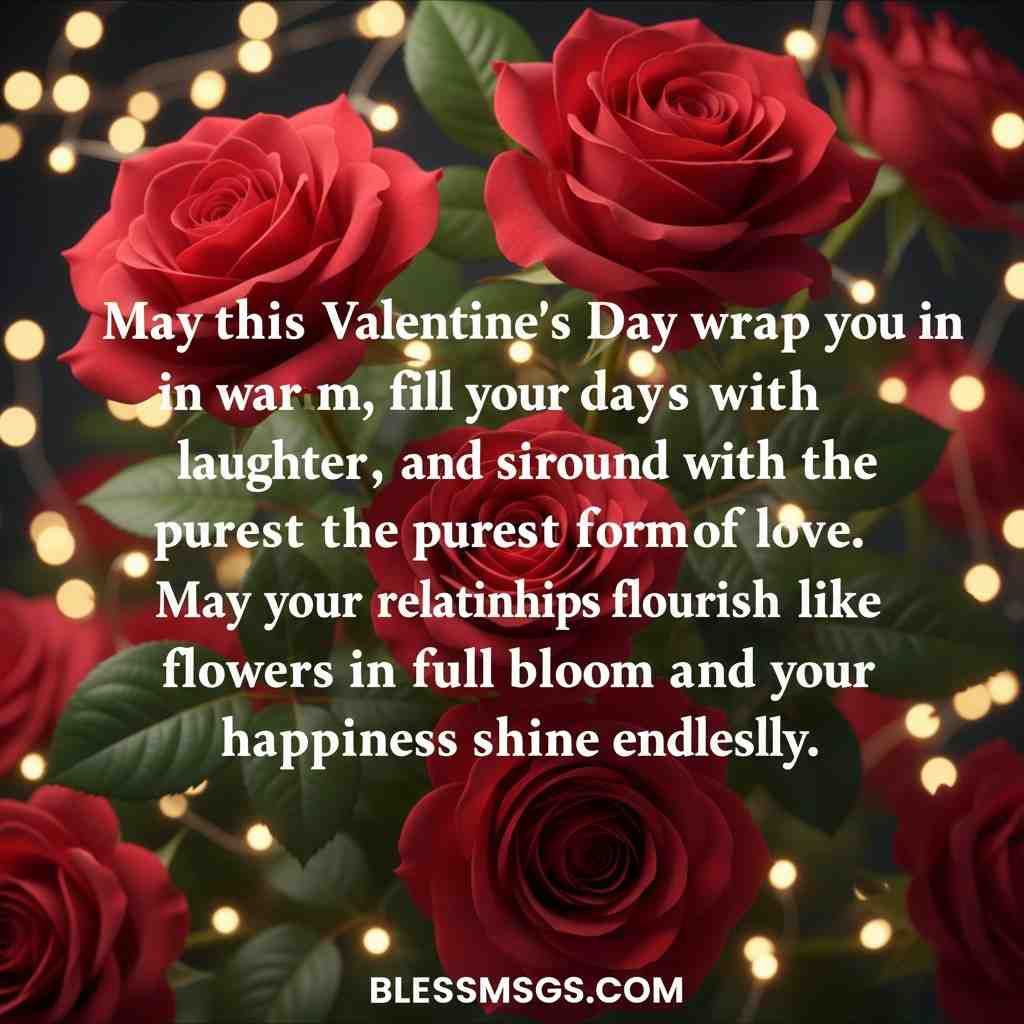 Red roses with bokeh lights and Valentine's Day blessing for warmth and flourishing love