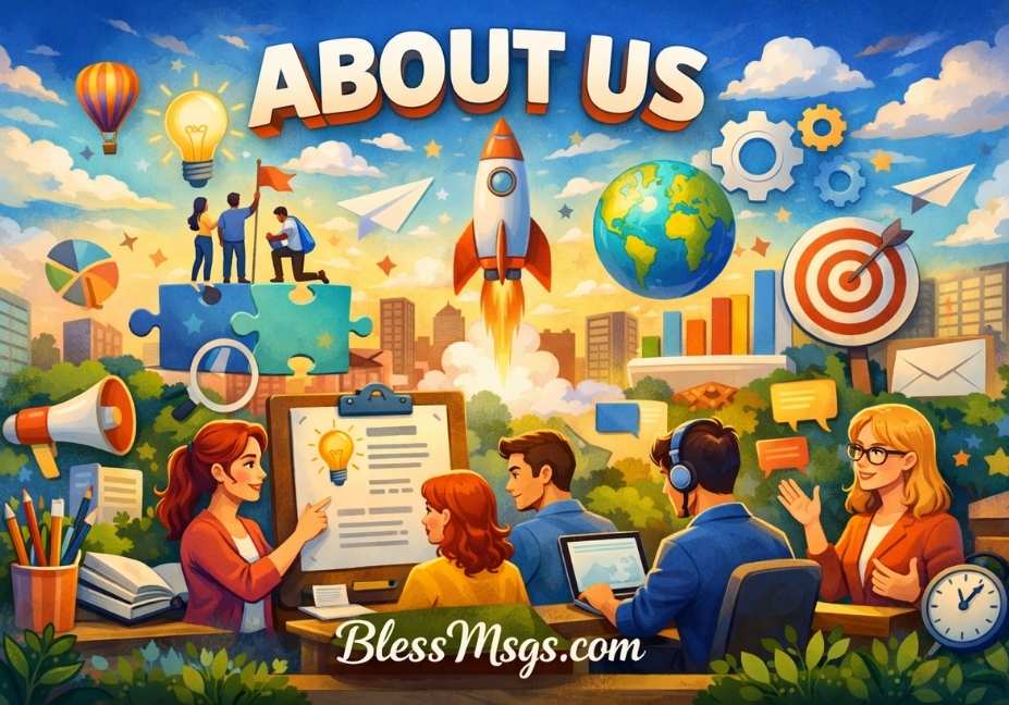"About Us illustration for BlessMsgs.com showing a creative team collaboration with communication icons, rocket launch, and growth elements in a modern city background."