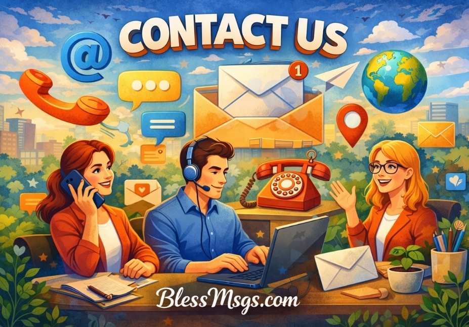 "Contact Us page illustration for BlessMsgs.com featuring customer support team with email, phone, chat icons and communication symbols in a friendly modern workspace."