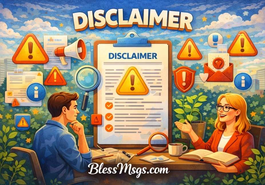 "Disclaimer page illustration for BlessMsgs.com featuring warning symbols, information icons, and people reviewing a disclaimer document in a professional setting."