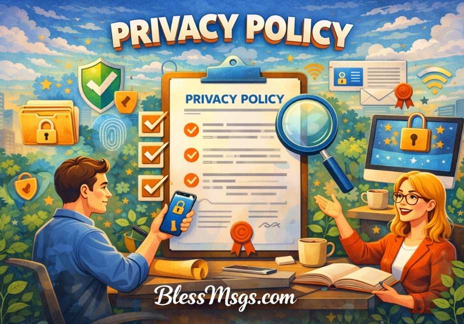 "Privacy Policy illustration for BlessMsgs.com showing secure data protection with lock icons, clipboard document, magnifying glass, and people discussing online privacy."