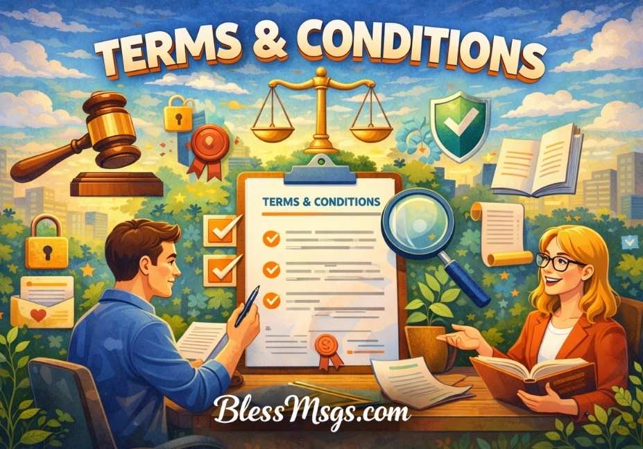 "Terms and Conditions illustration for BlessMsgs.com with legal document checklist, gavel, balance scale, security icons, and people reviewing policy details."
