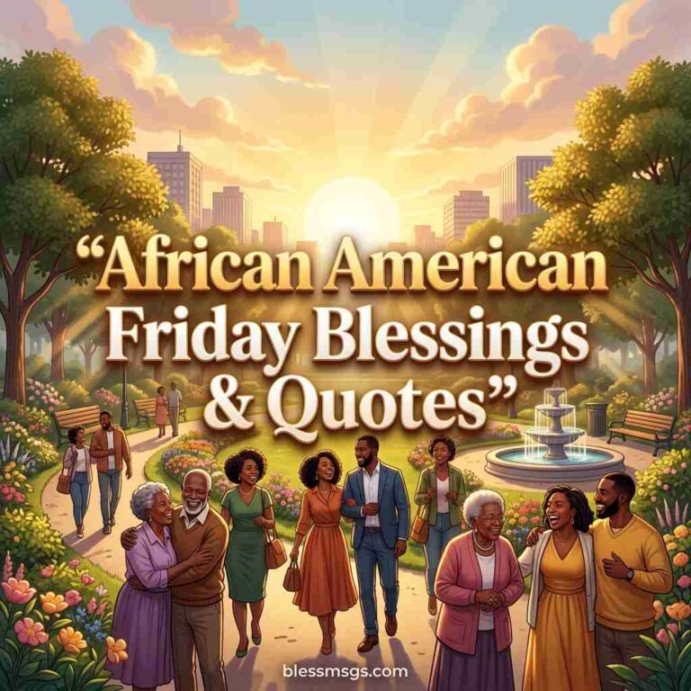 Illustrated African American families and couples walking and laughing in a sunny city park with a fountain and golden sunrise