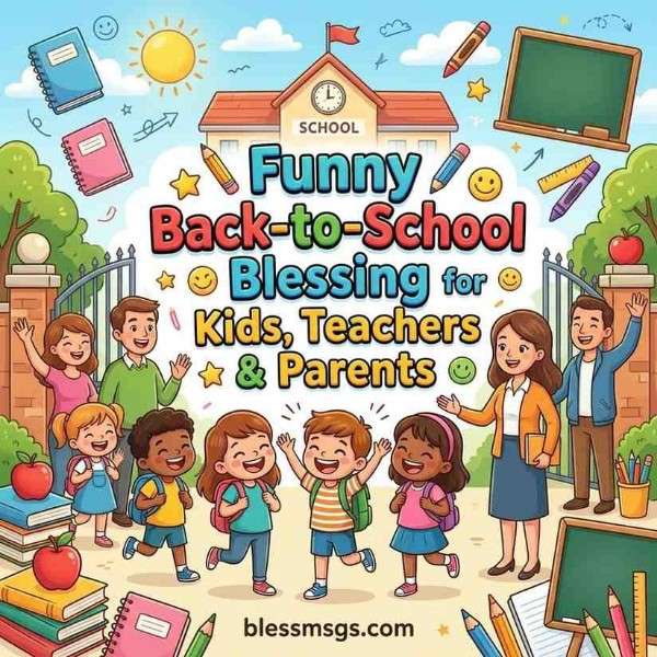 illustrated cartoon kids, teachers and parents celebrating funny back-to-school blessing outside school gate