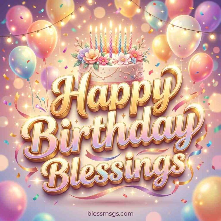 Elegant floral birthday cake with lit candles surrounded by pastel balloons, confetti and gold script text on a soft pink background