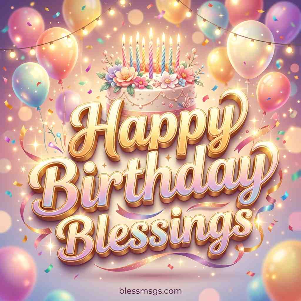 Elegant floral birthday cake with lit candles surrounded by pastel balloons, confetti and gold script text on a soft pink background