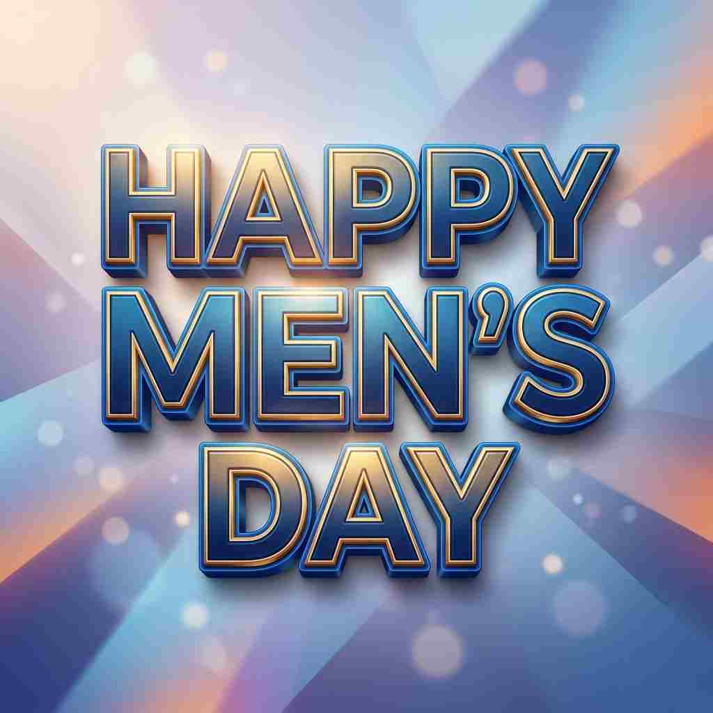 Bold 3D blue and gold "Happy Men's Day" text on a soft abstract blue and purple bokeh background