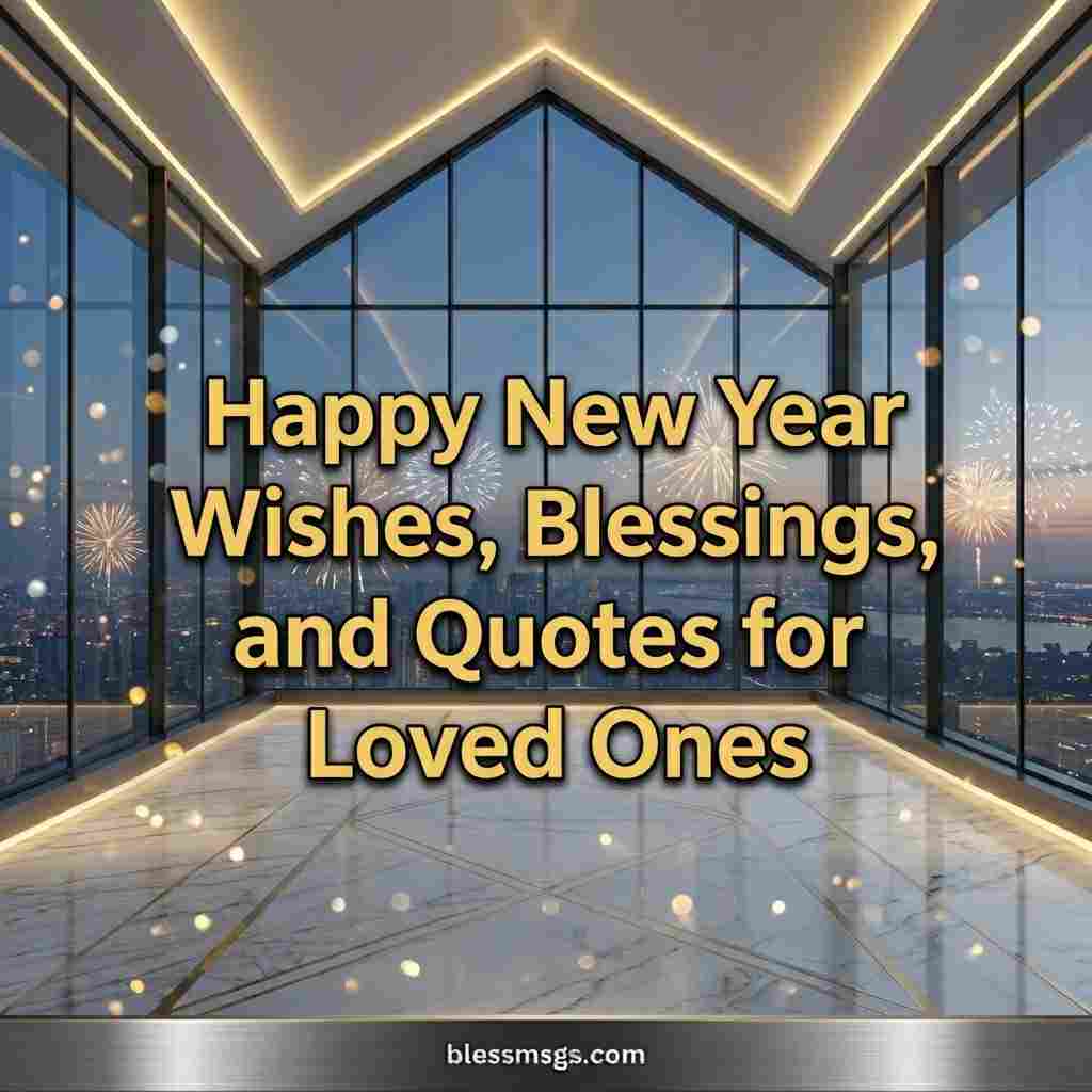 Modern glass building with fireworks view and Happy New Year wishes title quote