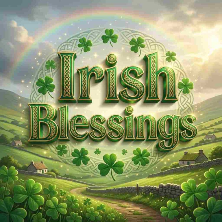 Bold Celtic-styled green and gold "Irish Blessings" title with shamrocks over a lush green Irish countryside with rainbow