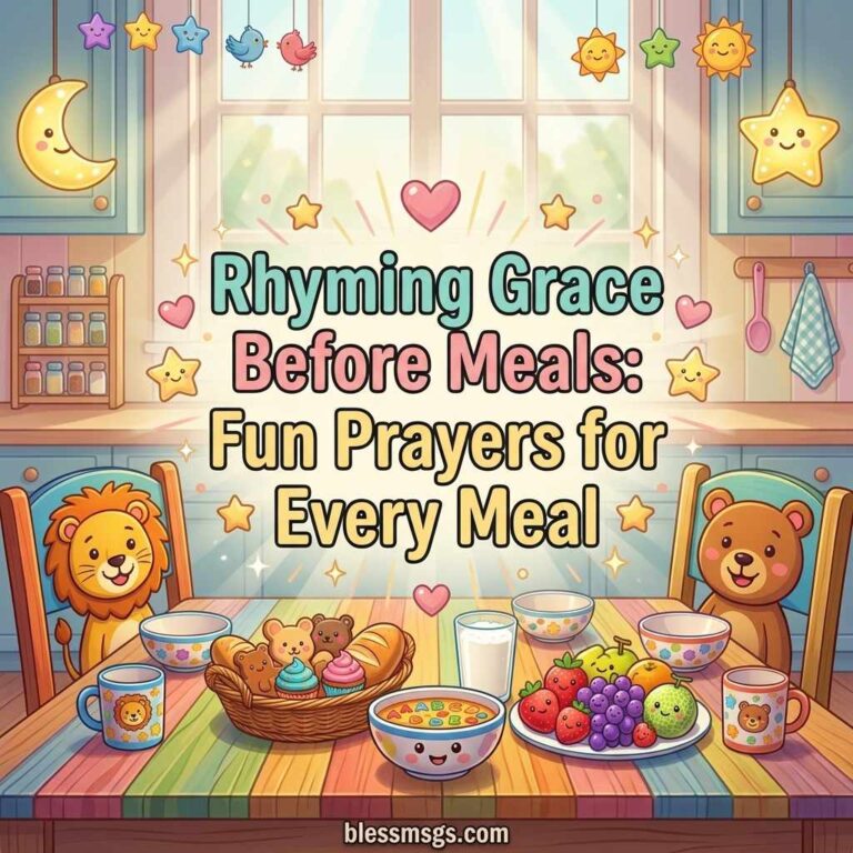 Colorful illustrated children's kitchen scene with cartoon lion and bear at a rainbow table with cute food, stars, hearts and hanging moon decorations