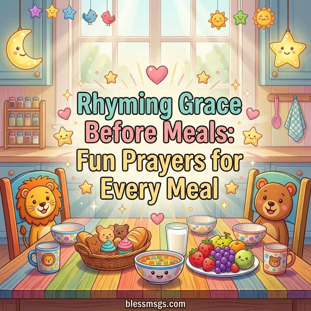 Colorful illustrated children's kitchen scene with cartoon lion and bear at a rainbow table with cute food, stars, hearts and hanging moon decorations