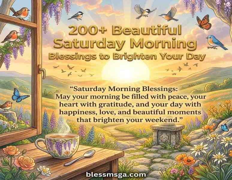 illustrated saturday morning blessings quote over sunny meadow with tea cup, birds, butterflies, and wildflowers by a window