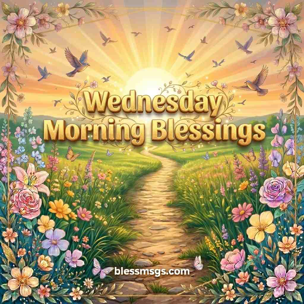 Illustrated stone path through a colorful wildflower meadow leading toward a radiant golden sunrise, with flying birds, butterflies and a pastel floral corner border